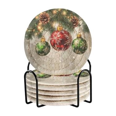 Imagem de Blueangle Porta-copos com 6 bolas de árvore de Natal - Tecido redondo super absorvente para proteção de mesa e decoração de casa (489)