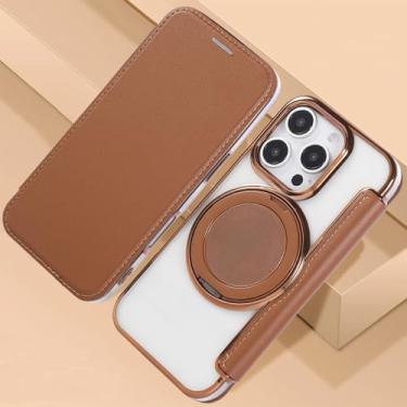 Imagem de IRTGFG Capa magnética com revestimento para iPhone 16 Pro Max, com suporte giratório e porta-cartões de couro (para iPhone 16 Pro Max/marrom)