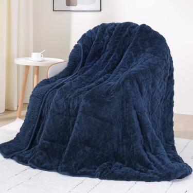 Imagem de Cobertor pesado de sherpa de 6,8 kg com padrão clássico de jacquard, cobertores pesados e macios para adultos dormirem naturalmente, cobertor de sofá-cama, azul marinho, 48 x 72 6,8 kg
