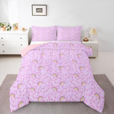 Imagem de Erosebridal Conjunto de edredom solteiro para meninas | Conjunto de cama com coração arco-íris desenhado à mão, amor, geométrico, macio, quente, 2 peças com 1 fronha