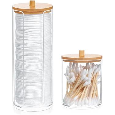 Imagem de Porta Algodao e Cotonetes Kit Organizador Acrilico Transparente Com Tampa Bambu Higiene Pessoal Suporte Caixa de Armazenagem Potes Para Banheiro - Prático, Moderno e Elegante