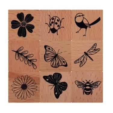 Imagem de Ouligay 9 carimbos de madeira vintage de borracha para artesanato borboleta pássaro joaninha e planta, conjunto de carimbos para scrapbooking, cartões de artesanato, embrulho de presente e arte de