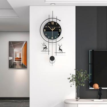 Imagem de JUJUDA Relógio de parede preto grande para decoração de sala de estar 35 cm grande metal minimalista relógio de parede decorativo com pêndulo operado por bateria, sem tique-taque, relógio moderno