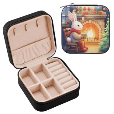 Imagem de Wassud Caixa de joias de viagem de Natal de coelho para mulheres, meninas, senhoras, noiva, mini organizador de joias de couro PU, caixa quadrada de armazenamento de joias para brincos, anéis, colar e