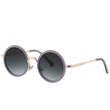 Imagem de JRLLFD Óculos de sol femininos com armação redonda de metal, armação pequena de luxo, para dirigir ao ar livre, UV400 (dourado, cinza e verde)