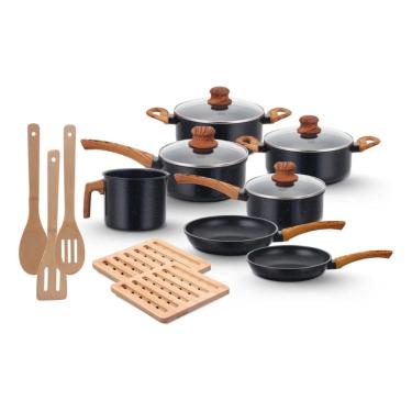 Imagem de Jogo de Panelas Indução Antiaderente, Fundo Triplo, Revestimento Cerâmico e Tampas Vidro