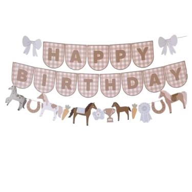 Imagem de KUNGOON Conjunto de faixa de festa de aniversário de cavalo ocidental, design quadriculado retrô com laços, decorações de chá de bebê com tema caubói, guirlanda de feliz aniversário.