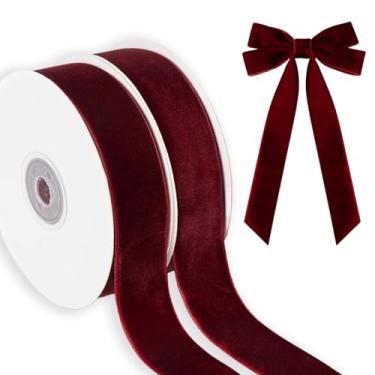 Imagem de Fita de veludo de 10 metros de 2,5 cm bordô fita de veludo de Natal árvore de Natal fitas vintage enfeites de laço para sacos de presente de Natal, decorações de festa interna Utdoor 2 peças