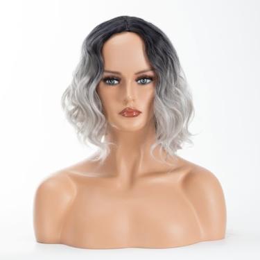 Imagem de Peruca curta feminina ondulada encaracolada sintética moderna linda peruca falsa cinza com raiz preta