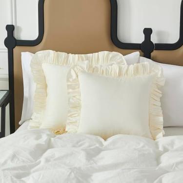 Imagem de Lemfux Capas de almofada europeias bege de algodão com babados Euro 61 x 61 cm, conjunto de 2, capas de travesseiro decorativas chiques gastas femininas com babados fronhas para almofadas de sofá