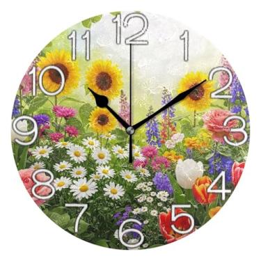 Imagem de GAIGEO Relógio de parede decorativo analógico estético silencioso sem tique-taque relógio de cozinha fofo, sala de estar decoração de parede moderna brincalhão vibrante colorido flores da primavera