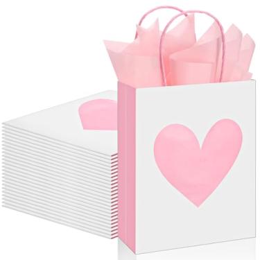 Imagem de Teling 24 peças de sacos de presente de dia dos namorados com papel de seda metálico, sacos de brindes com alças para presente de dia dos namorados, aniversário de casamento, 22 x 18 x 8,15 polegadas
