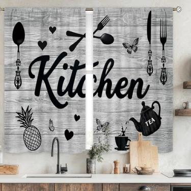 Imagem de Mitpok Cortinas de cozinha pretas e cinzas para quarto 79,5 x 99 cm A, bolso para varão, pequeno, pequeno, utensílios de cozinha, rústico, retrô, country, garfo, colher, madeira, 2 painéis, conjunto