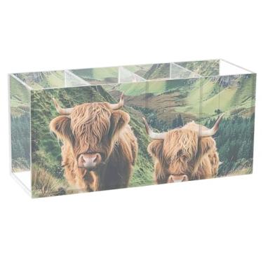 Imagem de TSENQUE Porta-canetas de acrílico personalizado com montanha de vaca Highland para mesa, suporte de maquiagem, copo de lápis, armazenamento de escritório, decoração de mesa