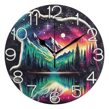 Imagem de GAIGEO Relógio de parede analógico decorativo divertido alimentado por bateria relógio de sala de aula escritório, decoração de parede vintage sala de estar urso montanhas lago céu colorido, 25 cm