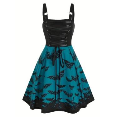 Imagem de Vestido Sling De Cintura Alta Com Estampa De Morcego plus Size Moda Eu