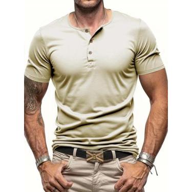 Imagem de Camiseta Masculina Slim Fit De Manga Curta Com Gola Henley, Cor Sólida