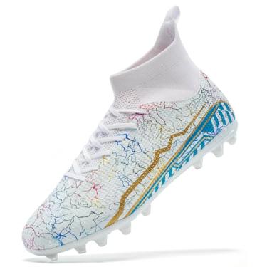 Imagem de XGHRIAN Chuteiras de futebol masculinas chuteiras de futebol profissional cano alto antiderrapante para meninos grandes tênis de treinamento largo, Branco, 38