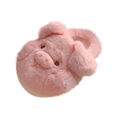 Imagem de Pantufas femininas de inverno quentes e macias com sola grossa, design de porco fofo para uso interno, rosa, 35