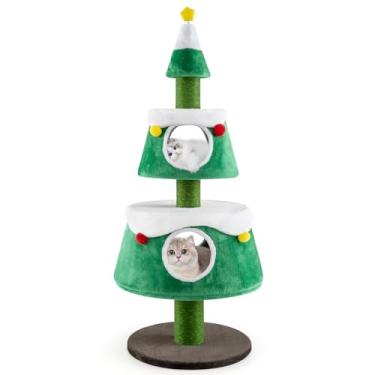 Imagem de PETSITE Árvore de Natal para gatos de 152 cm, torre de gato fofa com 2 condomínios, postes de arranhar de sisal, brinquedo de primavera, camas removíveis, torre de árvore de gato moderna para gatos em