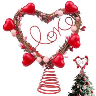 Imagem de Topo de árvore dos namorados, copa rústica de ratã em forma de coração de 20 cm com frutas vermelhas e rosa, decorações de dia dos namorados para casa, escola, escritório, enfeites de coração fofos