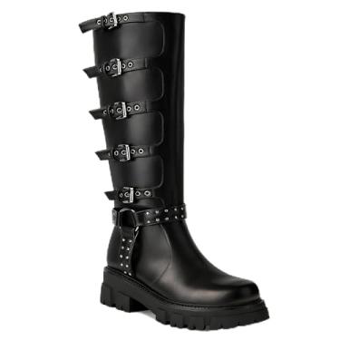 Imagem de AlureAbys Botas femininas na altura do joelho, botas de montaria com fivela, salto grosso, moderno, motociclista, bico redondo, plataforma, zíper, preta, rebites, Preto, 39