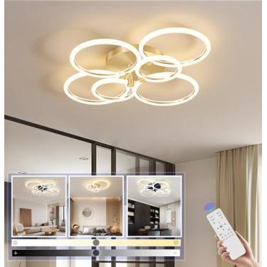Imagem de Luminária de teto LED moderna e regulável para sala de estar, com controle remoto, design circular, ideal para quarto, sala de jantar, escritório e cozinha (dourada, 6 lâmpadas, 84W).