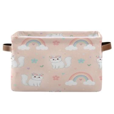 Imagem de Wassud Caixa de armazenamento de lona arco-íris para gatos brancos com alças, cestas organizadoras dobráveis para armário, banheiro e decoração de casa, 1 pacote