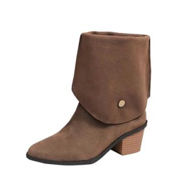 Imagem de Botas femininas modernas, casuais, cano baixo, bico fino, duas vias, grosso, salto médio, Café, 35