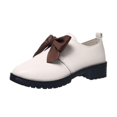 Imagem de Sapatos casuais de couro para mulheres com detalhe de laço, salto médio, cor lisa, confortável para uso diário, Bege, 34