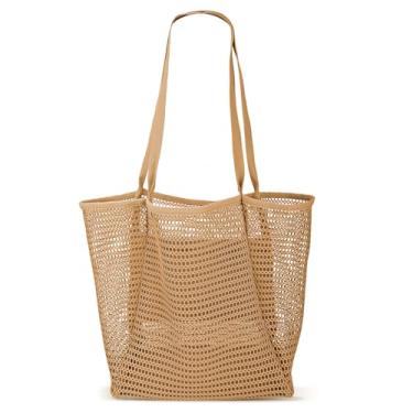 Imagem de Iioscre Sacolas de praia de malha para mulheres, bolsas de piscina casuais Hobo para piscina, férias, praia, essenciais, Cáqui novo