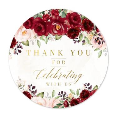 Imagem de Mobiusea Creation Adesivos vermelhos e rosa blush Thank You for Celebrating With Us | 60 peças de adesivos florais de agradecimento para lembrancinhas de festa | Etiquetas impermeáveis para casamentos