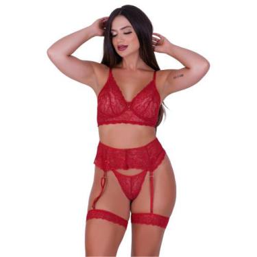 Imagem de Conjunto Lingerie Sutiã sem Bojo e Perneira Sensual Amélia, GG, Vermel