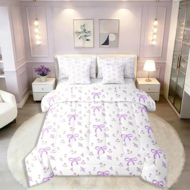 Imagem de Erosebridal Jogo de cama solteiro com laço kawaii, 7 peças, com laço floral roxo em uma bolsa, conjunto de cama com laço fantasia inclui edredom, conjunto de lençol, fronhas e fronhas, decoração de