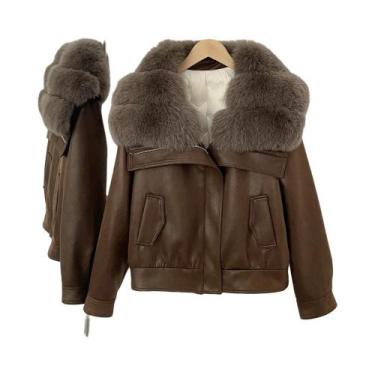 Imagem de Jaqueta Curta Feminina De Pluma De Pato Branca Com Gola De Pele De Rap