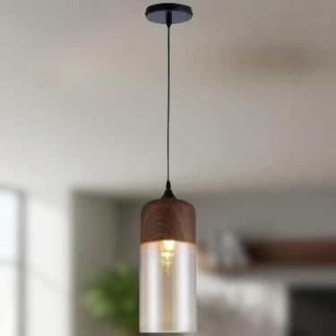 Imagem de Lustre Pendente Wood Tube Vidro Âmbar e Aço cor Madeira 22cm - Viena L