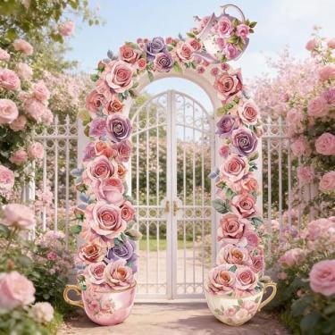 Imagem de Mindsoft Banner floral para varanda de festa de chá floral tema país das maravilhas decoração de porta guirlanda de foto adereços de fundo para aniversário, chá de bebê, chá de chá, cabine de fotos