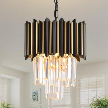 Imagem de Lustre preto e dourado dourado moderno lustre de cristal luminárias para sala de jantar lustre 1 luz redonda pequeno cristal pendente pendurado no teto luminária cozinha ilha entrada hall de entrada