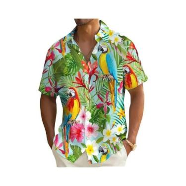 Imagem de Camisa Havaiana Masculina Com Estampa Vibrante De Papagaio E Flores, C