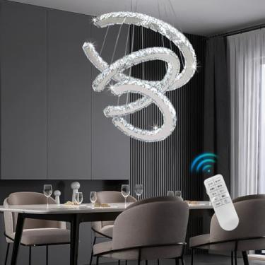 Imagem de Finktonglan Lustres modernos reguláveis, lustres de cristal de 3 anéis com controle remoto, forma ajustável, lustre linear de LED luminária de ilha pendente para cozinha, sala de jantar, sala de estar