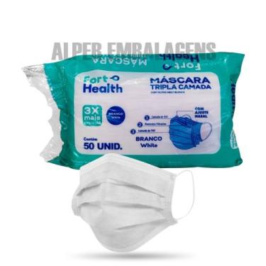 Imagem de Máscara Descartável Tripla Camada Fort Health C/ 50 Unidades cor branc