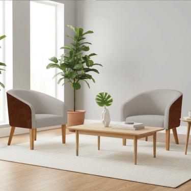 Imagem de Poltrona Sala Kit 2 Stella Pé Madeira Trapézio Sintético PU Nozes Linho Cinza D03 - D'Rossi