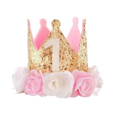 Imagem de Coroa De Aniversário De 1 Ano Rosa E Branca Para Bebê Menina Princesa 