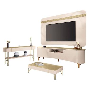 Imagem de Rack Bancada Elara e Painel Armony com Mesa de Centro Cadenza e Aparador Vivant Off White Champanhe - HB Móveis