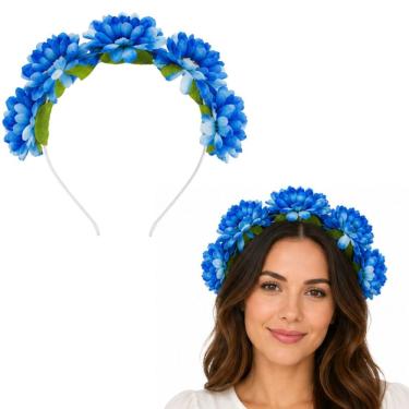 Imagem de Tiara Floral Extra Festas com Flores Artificiais de Plástico e Tecido Azul Claro Tamanho Único
