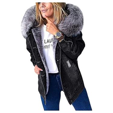 Imagem de Jaqueta Bomber Feminina Quente de Inverno Gola Plus Size Grossa com Capuz Jaqueta de Jeans Sintético, Preto, GG, Uptodate