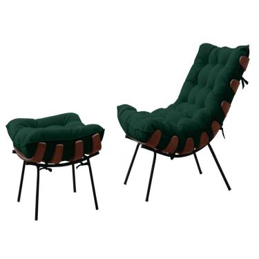 Imagem de Poltrona Costela Adão Madeira Puff Estrutura Preto Para Sala Moderna Decorativa Veludo Verde