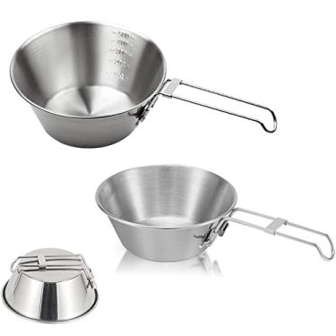 Imagem de Pacote de 2 tigelas de acampamento de aço inoxidável com alça dobrável portátil para acampamento ao ar livre utensílios de mesa (200ML+500ML)