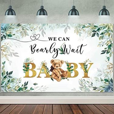 Imagem de We Can Bearly Wait Backdrop for Baby Shower Party Decorações Greenery Gold Bear Banner Watercolor Leaves Bear Theme Party Photography Background Wall Table Decoration Photo Booth Adereços