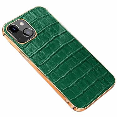 Imagem de YINGDAFENG Capa para iPhone 14/14 Pro/14 Plus/14 Pro Max, capa traseira de couro de crocodilo artificial retrô com proteção de câmera durável galvanizada moldura Shell, verde, 14 6,1 polegadas